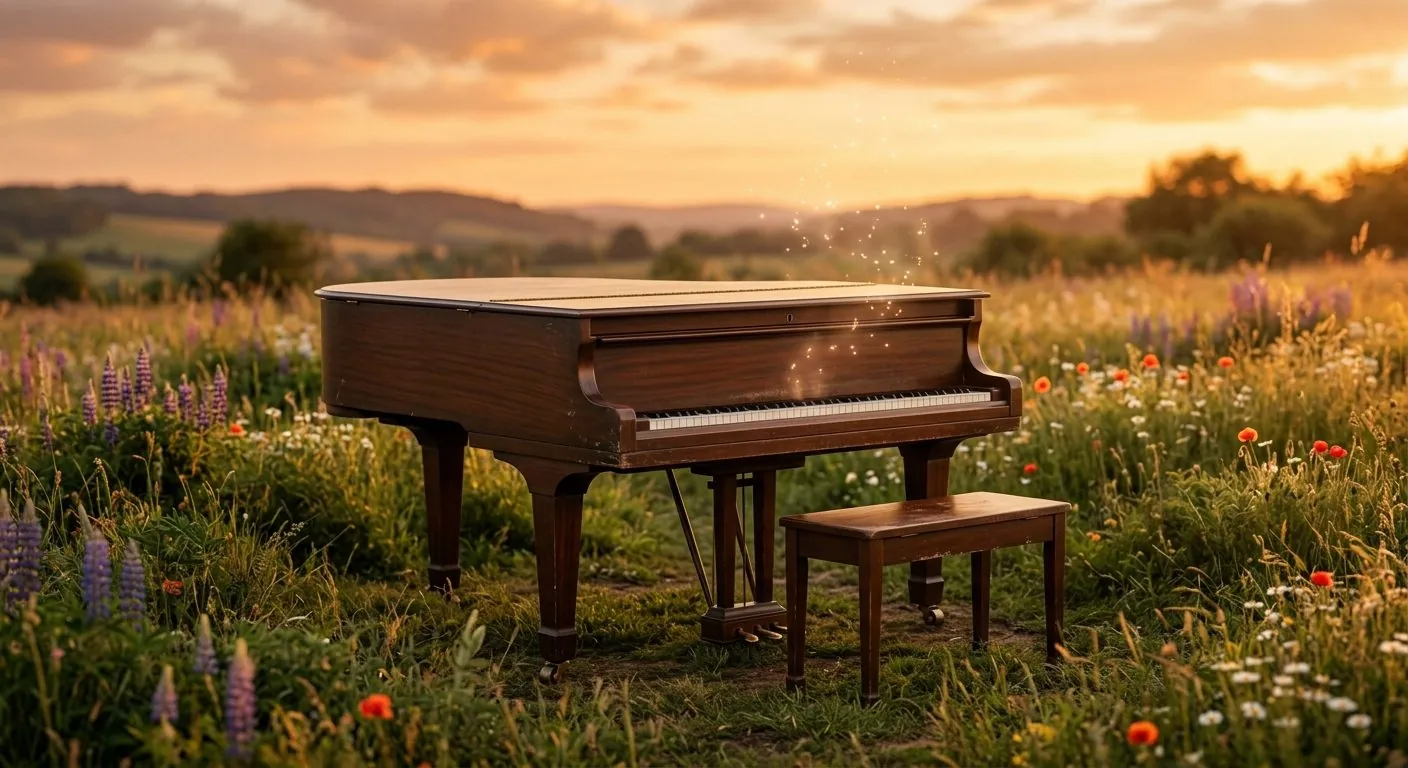 AI-generated farewell image of a grand piano in a summer meadow at sunset, as sent with our disposal certificate